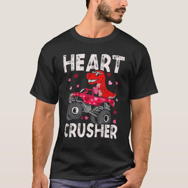 Dinosaur Monster Lastbil Rex Hearts Valentines day T Shirt (Framsida)