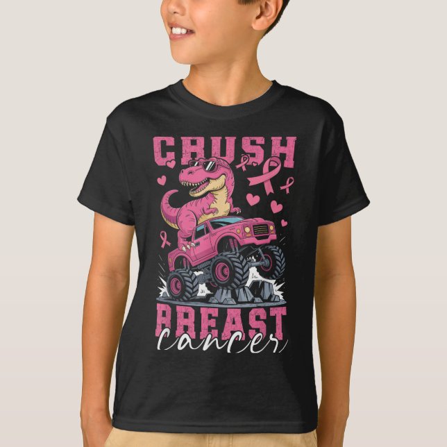 Dinosaur Monster Lastbil Rosa Ribbon Crush Breast  T Shirt (Framsida)