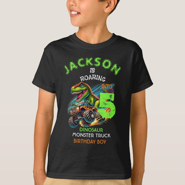 Dinosaur Monster Truck Födelsedags T-Shirt för Poj (Framsida)
