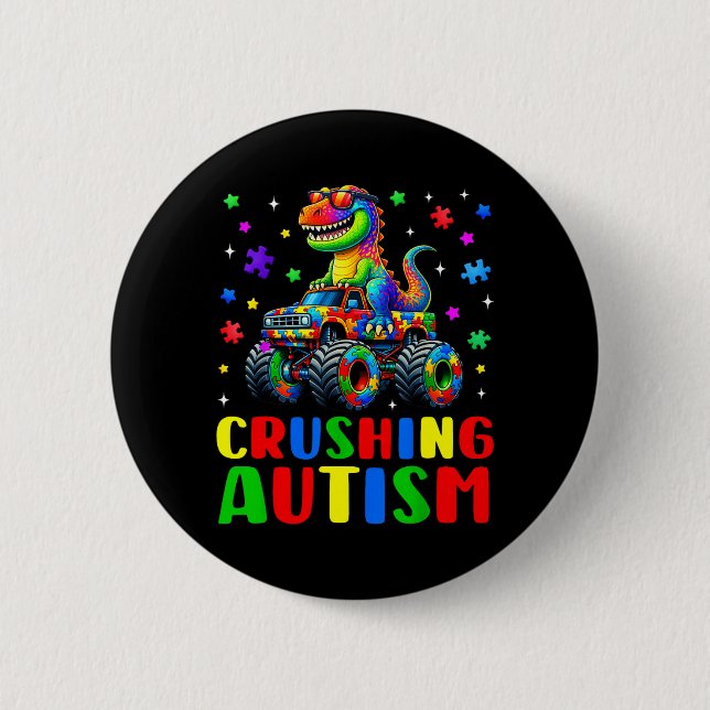 Dinosaur Monster Truck för Autismmedvetenhet Knapp (Framsida)