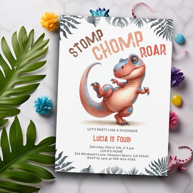 Dinosaur Moves Coola Stomp Chomp Roar Barns födels Inbjudningar (Dinosaur kids birthday invitation dino stomp chomp roar pre historic jungle hip dance party cute fun)