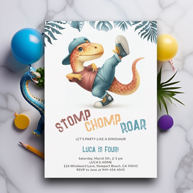Dinosaur Moves Coola Stomp Chomp Roar Boy Birthday Inbjudningar (Dinosaur boy birthday invitation dino stomp chomp roar pre historic jungle hip dance party cute fun)