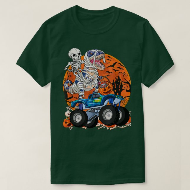Dinosaur Mummy Riding Monster Truck Halloween  T Shirt (Design framsida)