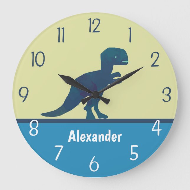 Dinosaur Navy Blue Grönt Teal Wall Clock Stor Klocka (Framsida)