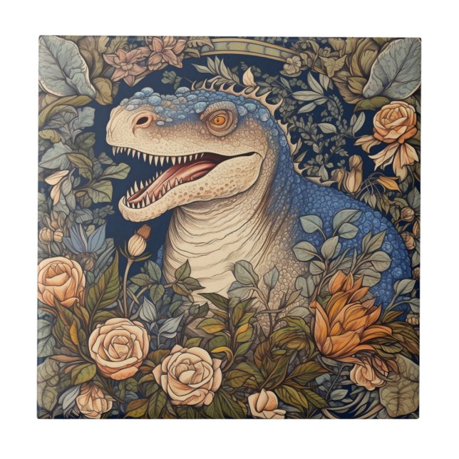 Dinosaur och blommor art nouveau stil kakelplatta (Framsidan)