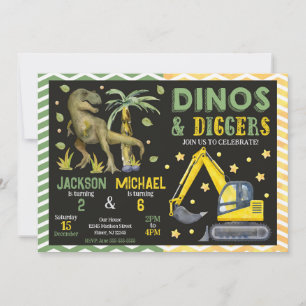 Dinosaur och bygg gemensam födelsedag inbjudningar