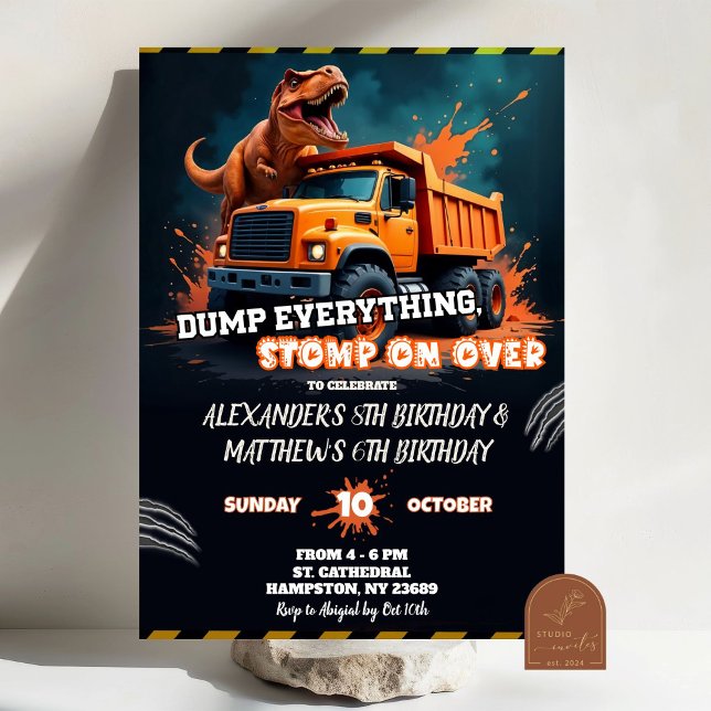 Dinosaur och dumper stuck födelsedagsfest inbjudningar (Skapare uppladdad)