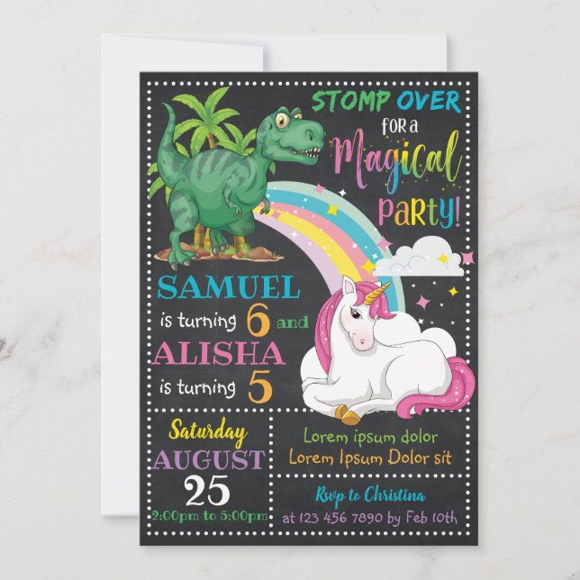 Dinosaur och Unicorn Birthday-inbjudan Inbjudningar (Framsida)