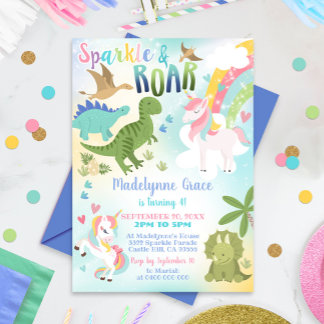 Dinosaur och Unicorn bjudande Girl Inbjudningar