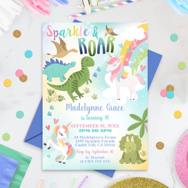 Dinosaur och Unicorn bjudande Girl Inbjudningar (Skapare uppladdad)