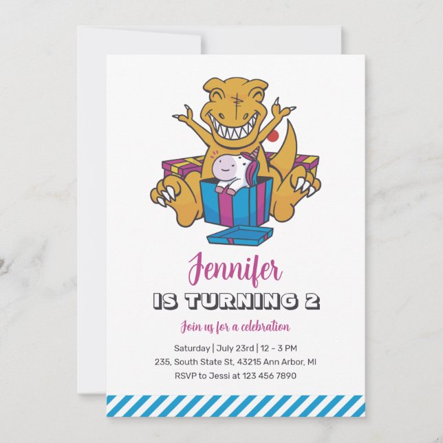 Dinosaur och Unicorn Girls, födelsedagsinbjudan Inbjudningar (Framsida)