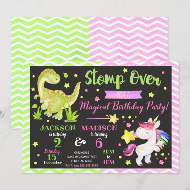 Dinosaur och Unicorn Joint Birthday Call Inbjudningar (Fram/baksida)