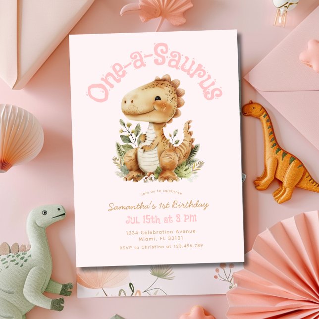 Dinosaur One-A-Saurus 1:a födelsedag Party Rosa Inbjudningar (Skapare uppladdad)
