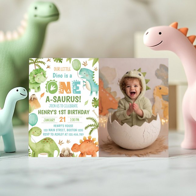 Dinosaur One-A-Saurus 1:a Födelsedagsfest Foto Inbjudningar (Skapare uppladdad)