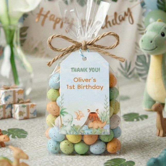 Dinosaur One-A-Saurus 1-års födelsedags TACK! Presentetikett (Dinosaur One-A-Saurus 1st Birthday Thank You Tag)