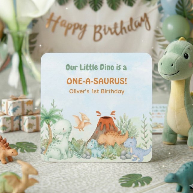 Dinosaur One-A-Saurus 1-årsdag Underlägg Papper Kvadrat (One-A-Saurus Dinosaur 1st Birthday Paper Coaster)