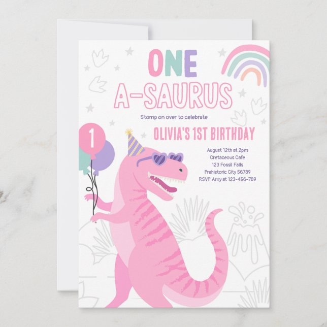 Dinosaur One A-Saurus 1st Birthday Party T-Rex Inbjudningar (Framsida)