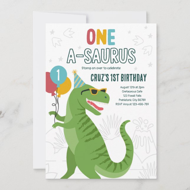 Dinosaur One A-Saurus 1st Birthday Party T-Rex Inbjudningar (Framsida)
