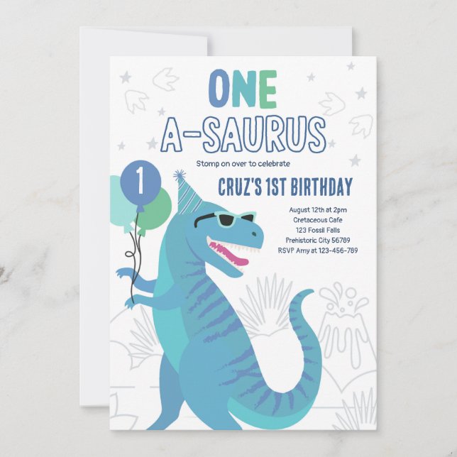 Dinosaur One A-Saurus 1st Birthday Party T-Rex Inbjudningar (Framsida)