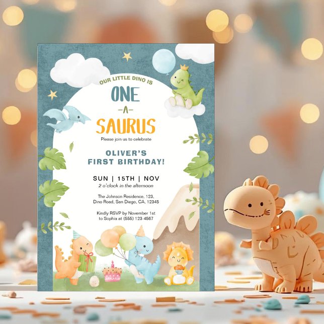 Dinosaur One-A-Saurus 1st First Birthday Party Inbjudningar (Skapare uppladdad)