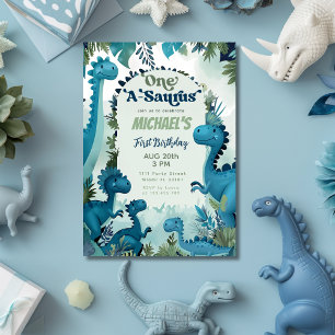 Dinosaur One-A-Saurus Boy Blue 1:a födelsedagen Pa Inbjudningar