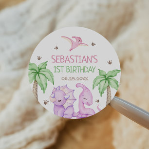 Dinosaur One-A-Saurus Girl 1st Birthday Party Runt Klistermärke