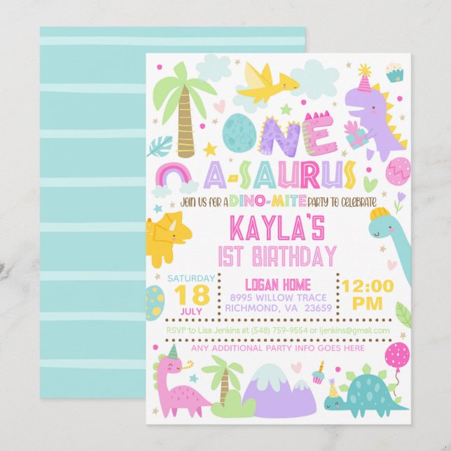 Dinosaur ONE A-Saurus inbjudan på födelsedagen (Fram/baksida)