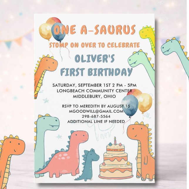 Dinosaur One-A-Saurus Pojke 1:a födelsedagsfest   Inbjudningar (Skapare uppladdad)