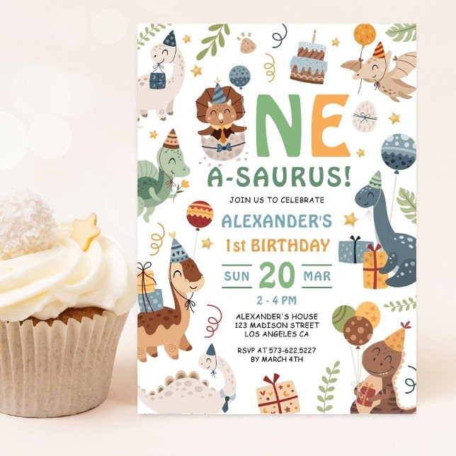Dinosaur One A-Saurus Pojke 1-års födelsedagsfest  Inbjudningar (Skapare uppladdad)