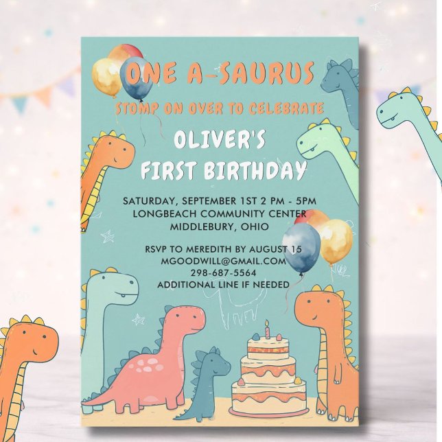 Dinosaur One-A-Saurus Pojke 1-års födelsedagsfest  Inbjudningar (Skapare uppladdad)