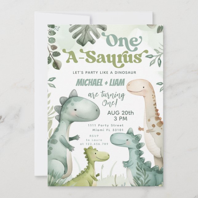 Dinosaur One-A-Saurus Twin Boys 1st Birthday Party Inbjudningar (Framsida)