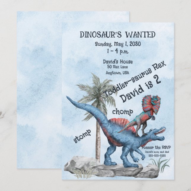 DINOSAUR ÖNSKAR 2 ÅRS ÅLDER INBJUDNINGAR (Fram/baksida)