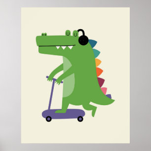 Dinosaur på scooter med hörlurar Bebis småbarn Poster