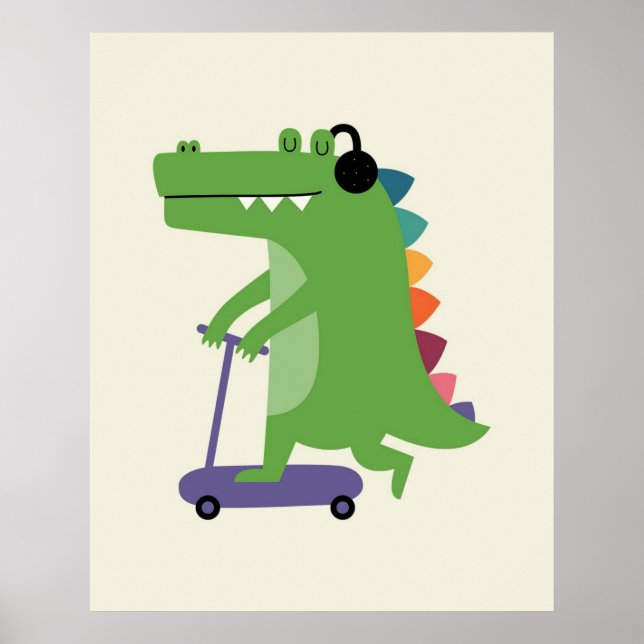 Dinosaur på scooter med hörlurar Bebis småbarn  Poster (Framsidan)
