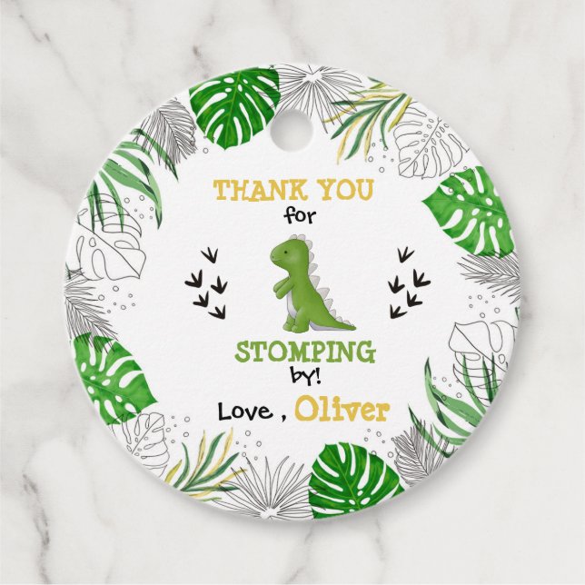 Dinosaur Party Birthday Boy Grönt Tack Gåvor Etiketter (Framsida)