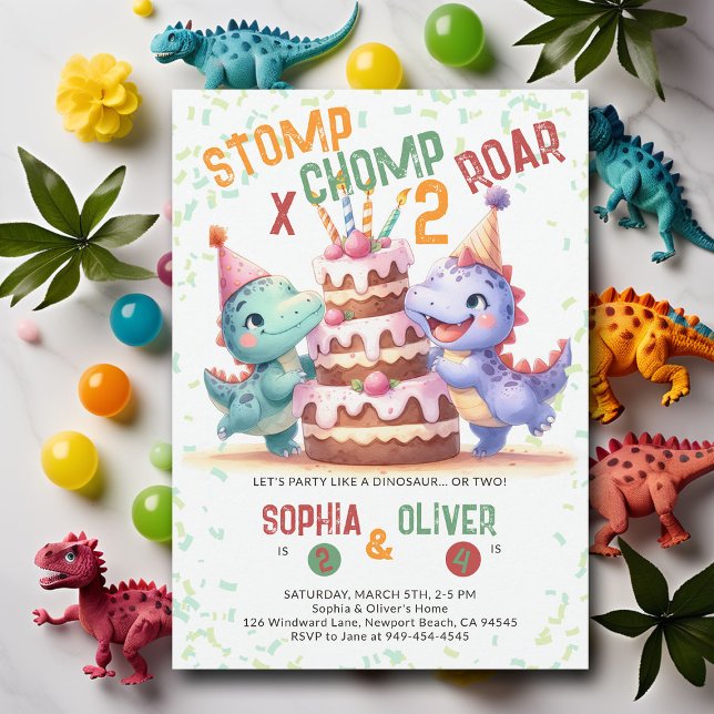 Dinosaur Party Cake Funny Joint Syskon Birthday Inbjudningar (dinosaur joint sibling birthday party dino stomp chomp roar funny watercolor giant cake prehistoric )