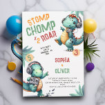 Dinosaur Party Dance Funny Joint Syskon Birthday Inbjudningar<br><div class="desc">En inbjudan till två roligtar och en söt födelsedagspartier, med ett dinosaurietema och titeln Stomp Chomp & Roar, med en vattenfärgad illustration av två vidlyftiga dinosaurier med headset, som lyssnar på musik och dansar. Fira dina vilder med den här häpnadsväckande roliga inbjudan som kommer att ange tonen för en vild....</div>