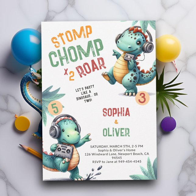 Dinosaur Party Dance Funny Joint Syskon Birthday Inbjudningar (Dinosaur joint siblings invitation dino stomp chomp roar pre historic jungle hip dance party funny)