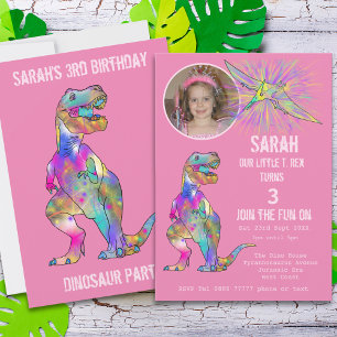 Dinosaur Party Girls 3:e födelsedag Foto Rosa Dino Inbjudningar