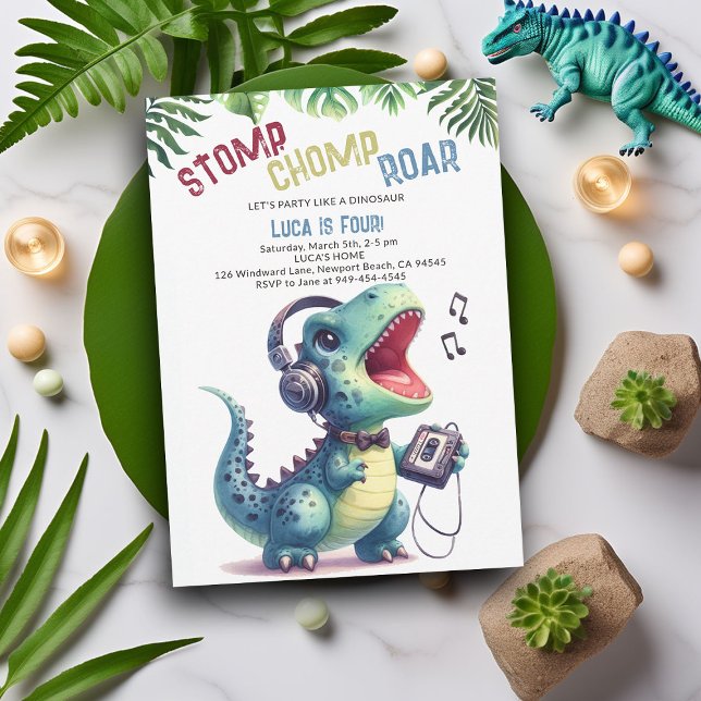 Dinosaur Party Sång Stomp Chomp Roar Boy Birthday Inbjudningar (Dinosaur boy birthday invitation dino stomp chomp roar pre historic jungle song dance party cute fun)