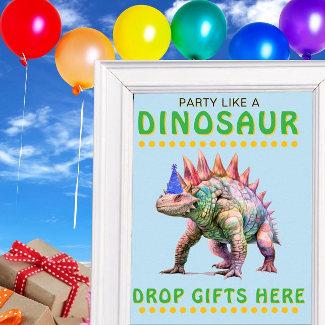 Dinosaur Party-skylt: Släpp presenter här Poster (Dinosaur Party Sign: Drop Gifts Here Poster)