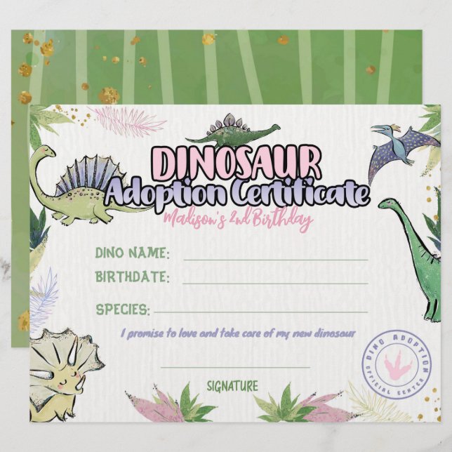 Dinosaur Party Theme, intyg om adoption av dinosau (Fram/baksida)