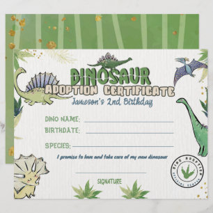 Dinosaur Party Theme, intyg om adoption av dinosau