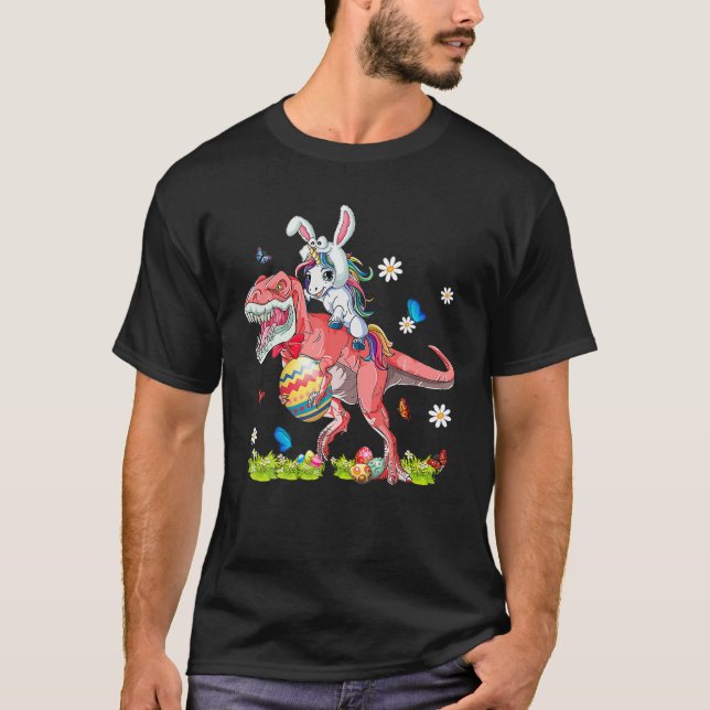 Dinosaur Påsk Day Unicorn Riding TRex Bunny T Shirt (Framsida)