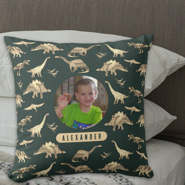 Dinosaur Personlig Boys Photo och Namn Kudde (Dinosaur pattern personalized name and photo boys brown & dark green pillow T-Rex velociraptor dinos)