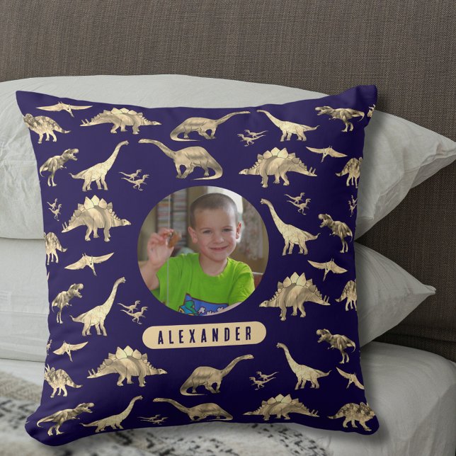 Dinosaur Personlig Boys Photo och Namn Kudde (Dinosaur pattern personalized name and photo navy blue pillow T-Rex velociraptor stegosaurus dinos)