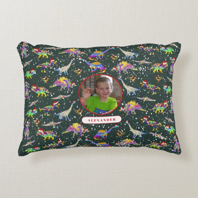 Dinosaur Personlig Boys Photo och Namn Prydnadskudde (Framsidan)