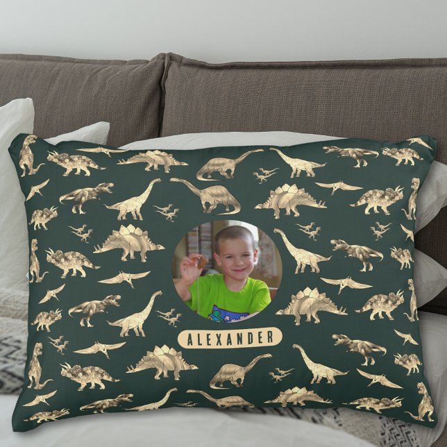 Dinosaur Personlig Boys Photo och Namn Prydnadskudde (Dinosaur pattern personalized name and photo boys brown and green pillow T-Rex velociraptor dinos)