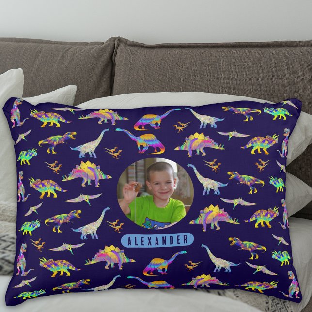 Dinosaur Personlig Boys Photo och Namn Prydnadskudde (Colorful dinosaur pattern personalized boys name and photo navy blue pillow T-Rex Velociraptor dinos)