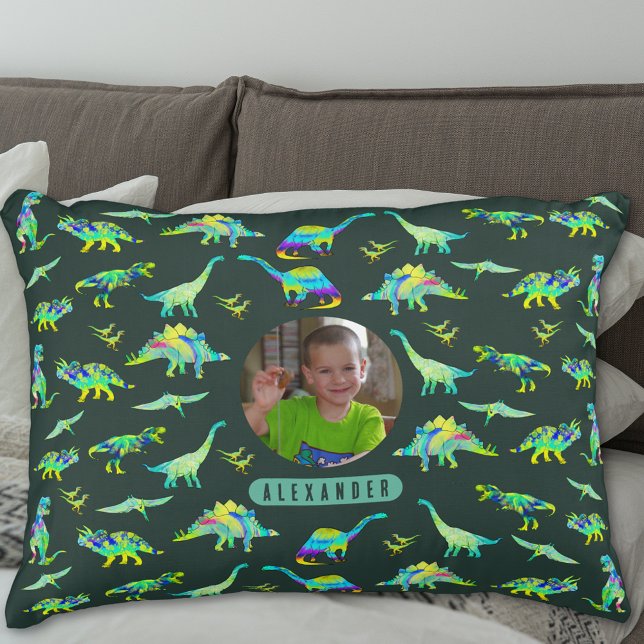 Dinosaur Personlig Boys Photo och Namn Prydnadskudde (Colorful dinosaur pattern personalized name and photo boys green pillow T-Rex velociraptor dinos)